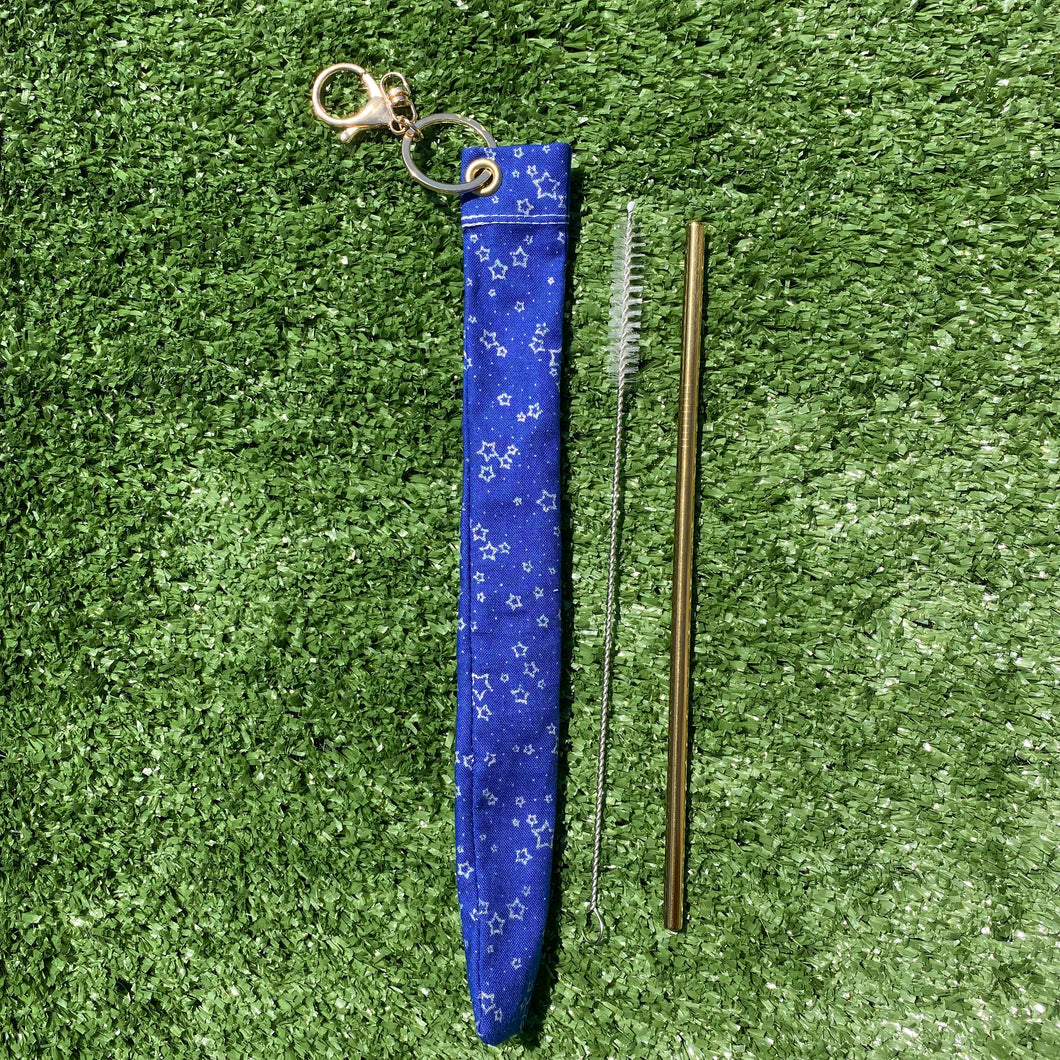 Eco friendly Fabric Reusable Straw Carrying Case Holder Pouch with Metal Stainless Steel Drinking Straw - Shooting Stars