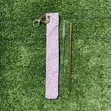 Load image into Gallery viewer, Eco friendly Fabric Reusable Straw Carrying Case Holder Pouch with Metal Stainless Steel Drinking Straw - Pink Stones