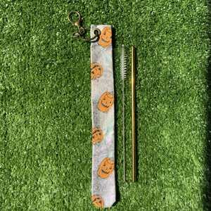 Eco friendly Fabric Reusable Straw Carrying Case Holder Pouch with Metal Stainless Steel Drinking Straw - Pumpkin