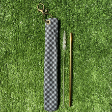 Load image into Gallery viewer, Eco friendly Fabric Reusable Straw Carrying Case Holder Pouch with Metal Stainless Steel Drinking Straw - Black Checkered