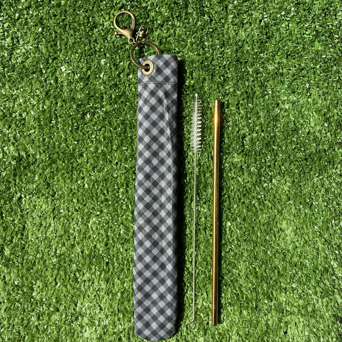 Eco friendly Fabric Reusable Straw Carrying Case Holder Pouch with Metal Stainless Steel Drinking Straw - Black Checkered