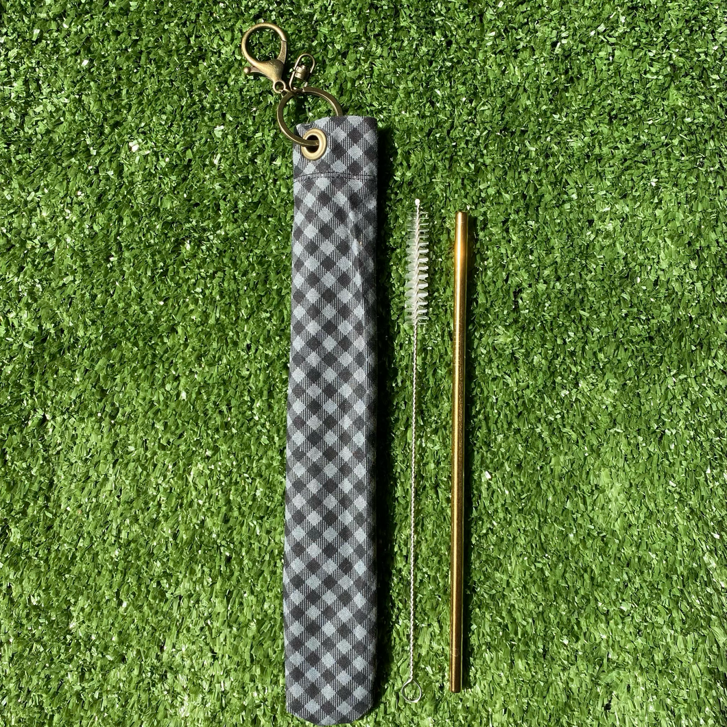 Eco friendly Fabric Reusable Straw Carrying Case Holder Pouch with Metal Stainless Steel Drinking Straw - Black Checkered